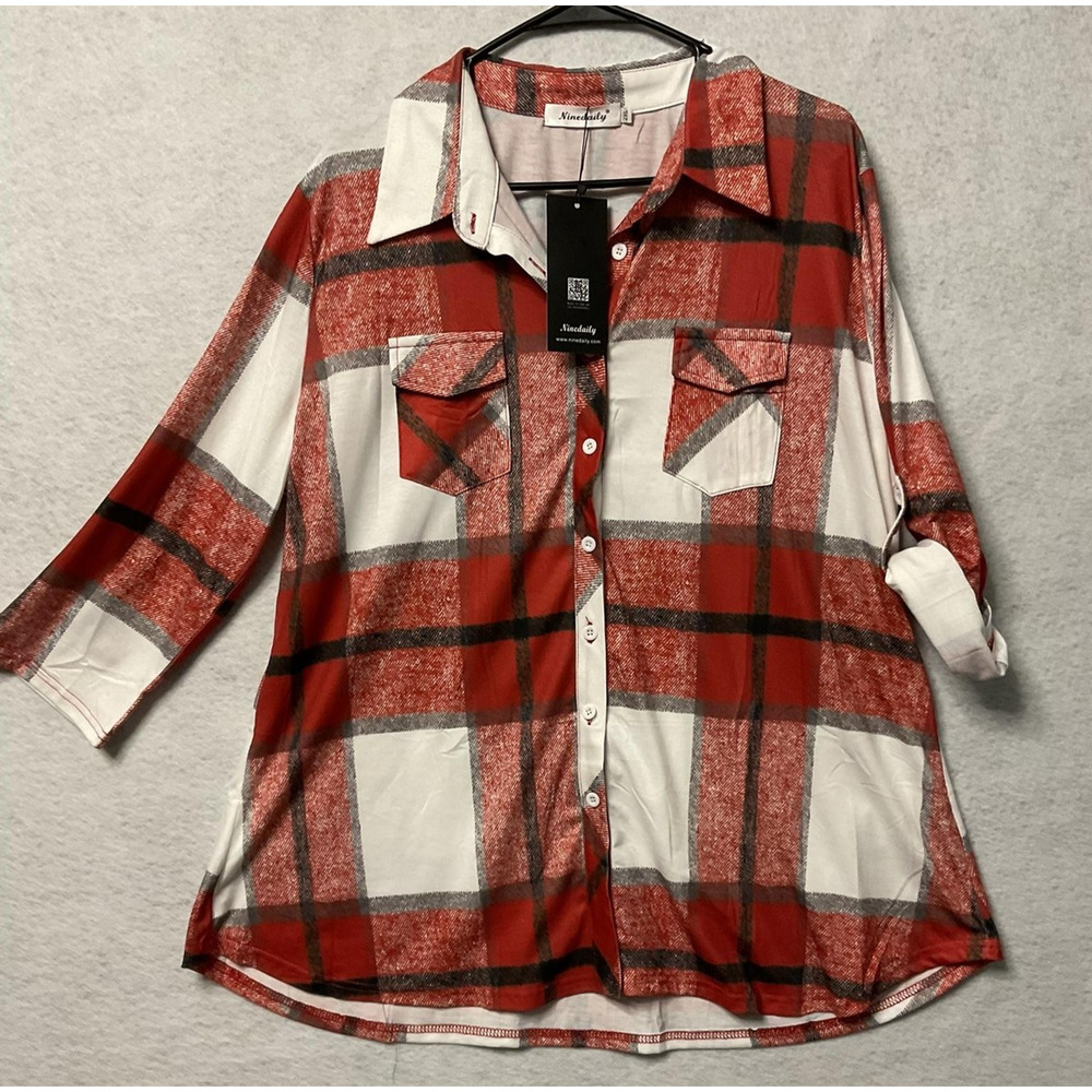 Ninedaily Shirt Womens 2XL Red‎ White Plaid Button Up Tunic Top Pockets Casual